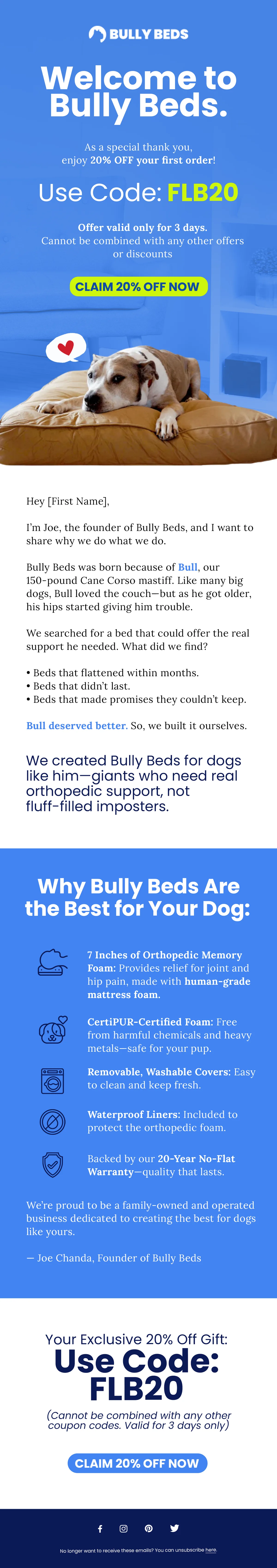 Bully Beds welcome flow — email 1