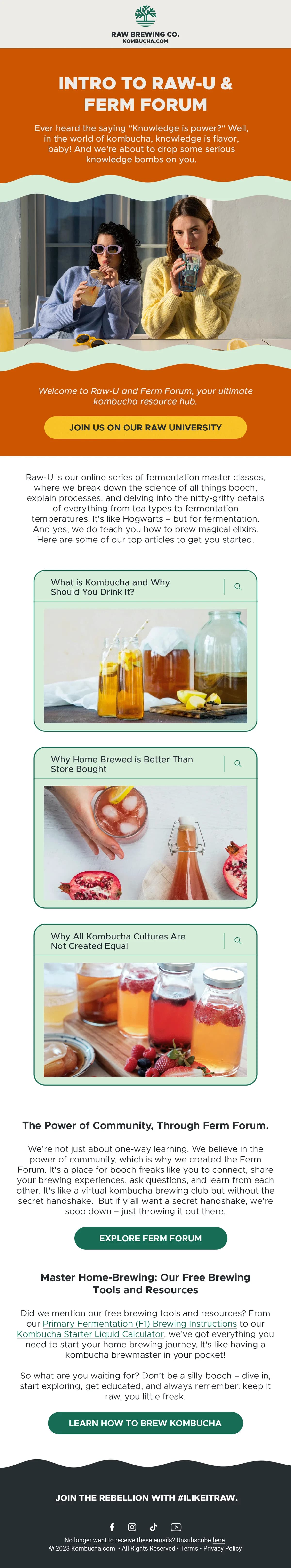 Kombucha.com community email — Raw U and Ferm Forum introduction