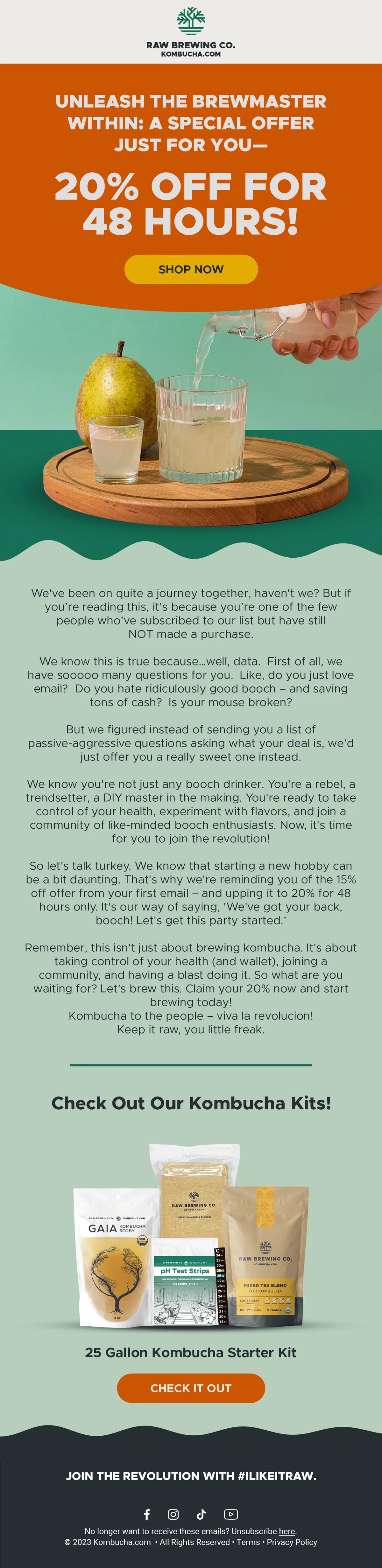 Kombucha.com conversion email — 20% off limited time